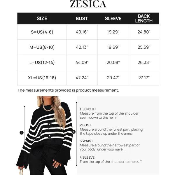 imageZESICA Womens 2023 Fall Winter Striped Long Sleeve Crew Neck Ribbed Knit Side Slit Oversized Pullover Sweater Jumper TopBlack