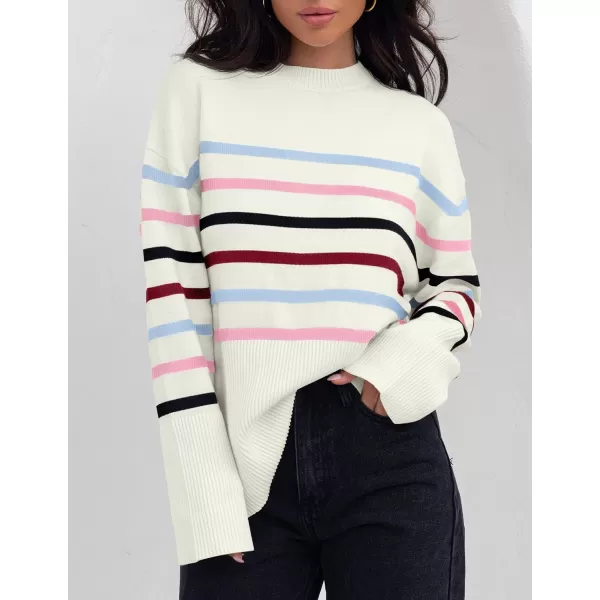 imageZESICA Womens 2023 Fall Winter Striped Long Sleeve Crew Neck Ribbed Knit Side Slit Oversized Pullover Sweater Jumper TopBluepink