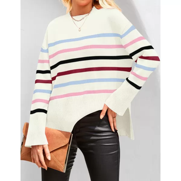 imageZESICA Womens 2023 Fall Winter Striped Long Sleeve Crew Neck Ribbed Knit Side Slit Oversized Pullover Sweater Jumper TopBluepink