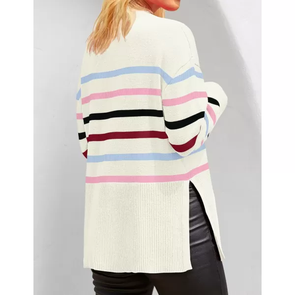 imageZESICA Womens 2023 Fall Winter Striped Long Sleeve Crew Neck Ribbed Knit Side Slit Oversized Pullover Sweater Jumper TopBluepink
