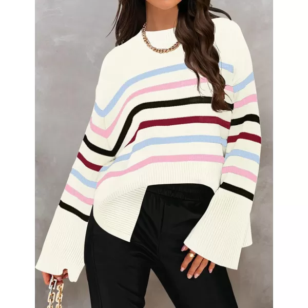 imageZESICA Womens 2023 Fall Winter Striped Long Sleeve Crew Neck Ribbed Knit Side Slit Oversized Pullover Sweater Jumper TopBluepink