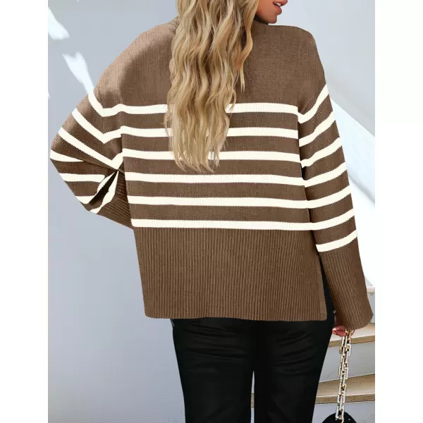 imageZESICA Womens 2023 Fall Winter Striped Long Sleeve Crew Neck Ribbed Knit Side Slit Oversized Pullover Sweater Jumper TopBrown