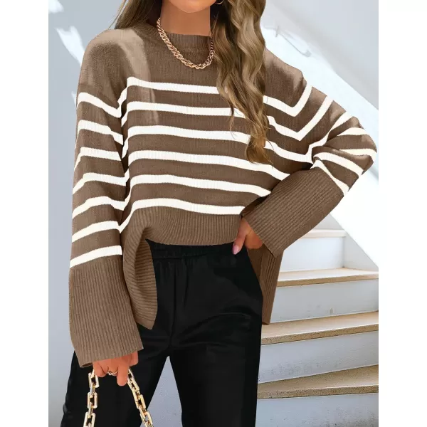 imageZESICA Womens 2023 Fall Winter Striped Long Sleeve Crew Neck Ribbed Knit Side Slit Oversized Pullover Sweater Jumper TopBrown
