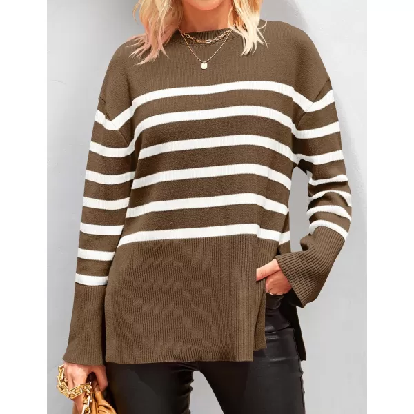 imageZESICA Womens 2023 Fall Winter Striped Long Sleeve Crew Neck Ribbed Knit Side Slit Oversized Pullover Sweater Jumper TopBrown