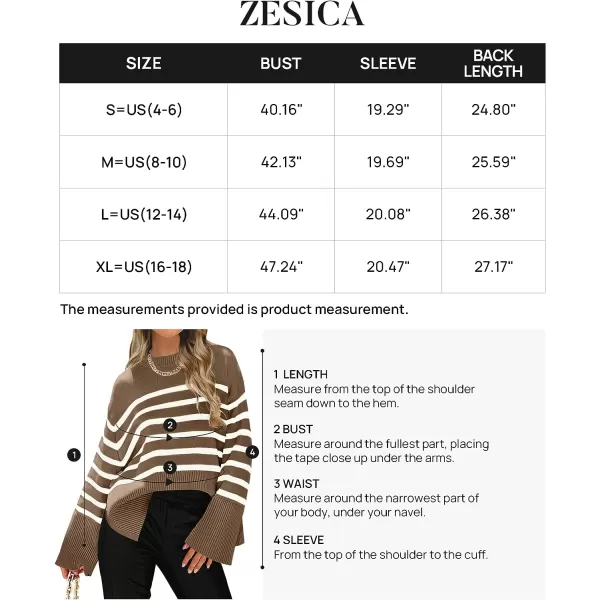 imageZESICA Womens 2023 Fall Winter Striped Long Sleeve Crew Neck Ribbed Knit Side Slit Oversized Pullover Sweater Jumper TopBrown