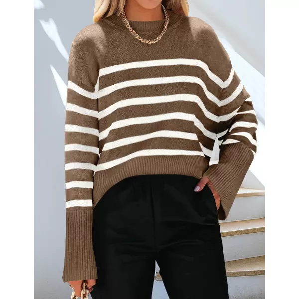 imageZESICA Womens 2023 Fall Winter Striped Long Sleeve Crew Neck Ribbed Knit Side Slit Oversized Pullover Sweater Jumper TopBrown