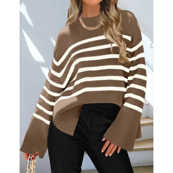 imageZESICA Womens 2023 Fall Winter Striped Long Sleeve Crew Neck Ribbed Knit Side Slit Oversized Pullover Sweater Jumper TopBrown