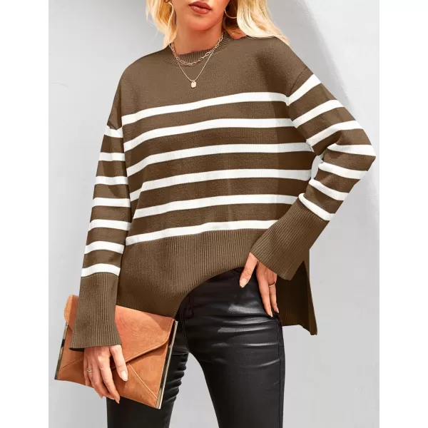 imageZESICA Womens 2023 Fall Winter Striped Long Sleeve Crew Neck Ribbed Knit Side Slit Oversized Pullover Sweater Jumper TopBrown