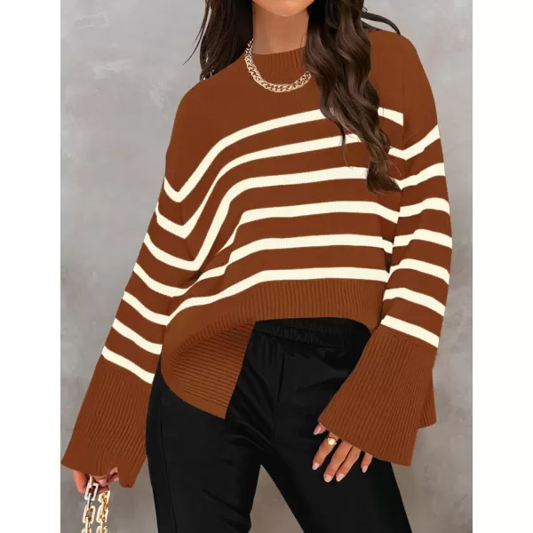 imageZESICA Womens 2023 Fall Winter Striped Long Sleeve Crew Neck Ribbed Knit Side Slit Oversized Pullover Sweater Jumper TopCaramel
