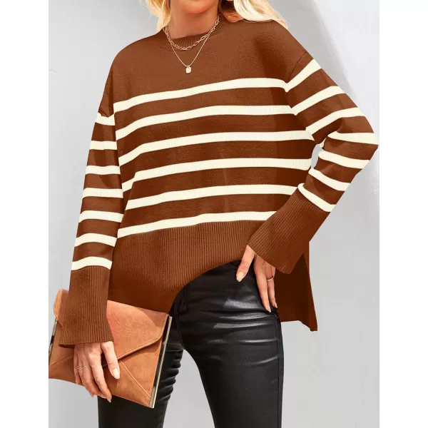 imageZESICA Womens 2023 Fall Winter Striped Long Sleeve Crew Neck Ribbed Knit Side Slit Oversized Pullover Sweater Jumper TopCaramel