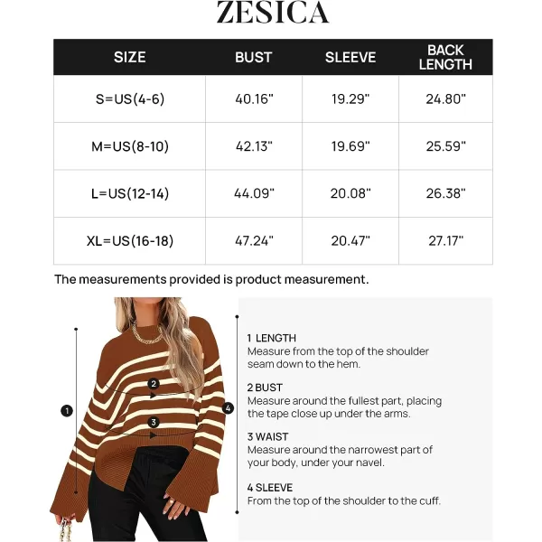 imageZESICA Womens 2023 Fall Winter Striped Long Sleeve Crew Neck Ribbed Knit Side Slit Oversized Pullover Sweater Jumper TopCaramel