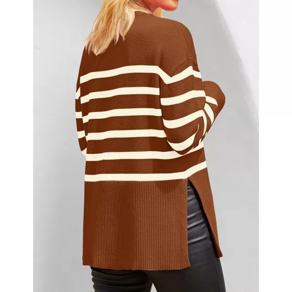 imageZESICA Womens 2023 Fall Winter Striped Long Sleeve Crew Neck Ribbed Knit Side Slit Oversized Pullover Sweater Jumper TopCaramel