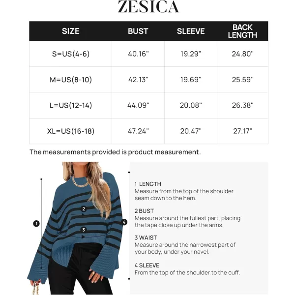 imageZESICA Womens 2023 Fall Winter Striped Long Sleeve Crew Neck Ribbed Knit Side Slit Oversized Pullover Sweater Jumper TopDustyblue