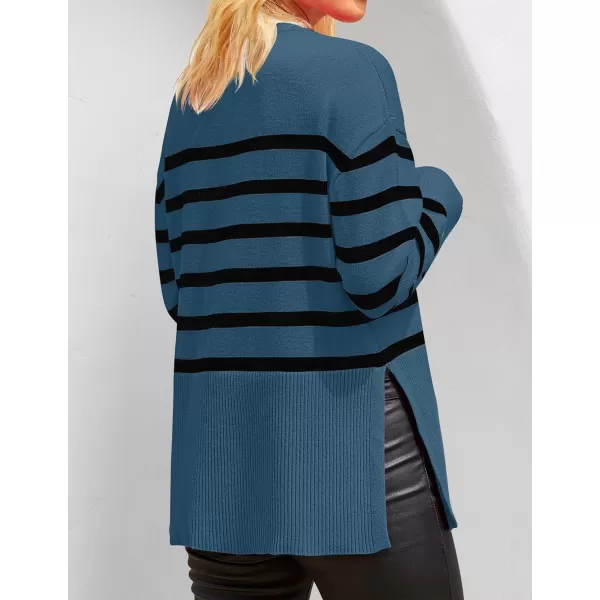 imageZESICA Womens 2023 Fall Winter Striped Long Sleeve Crew Neck Ribbed Knit Side Slit Oversized Pullover Sweater Jumper TopDustyblue