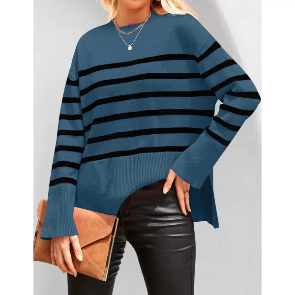 imageZESICA Womens 2023 Fall Winter Striped Long Sleeve Crew Neck Ribbed Knit Side Slit Oversized Pullover Sweater Jumper TopDustyblue