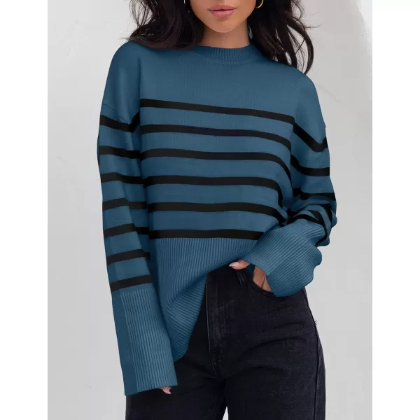 imageZESICA Womens 2023 Fall Winter Striped Long Sleeve Crew Neck Ribbed Knit Side Slit Oversized Pullover Sweater Jumper TopDustyblue