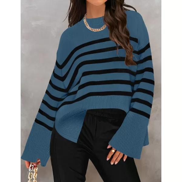 imageZESICA Womens 2023 Fall Winter Striped Long Sleeve Crew Neck Ribbed Knit Side Slit Oversized Pullover Sweater Jumper TopDustyblue