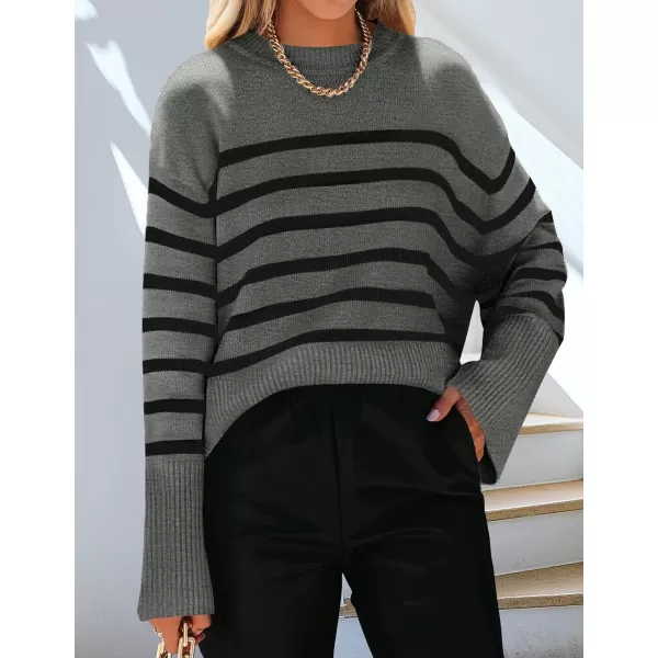 imageZESICA Womens 2023 Fall Winter Striped Long Sleeve Crew Neck Ribbed Knit Side Slit Oversized Pullover Sweater Jumper TopGrey