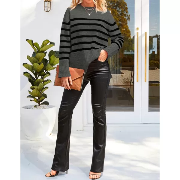 imageZESICA Womens 2023 Fall Winter Striped Long Sleeve Crew Neck Ribbed Knit Side Slit Oversized Pullover Sweater Jumper TopGrey