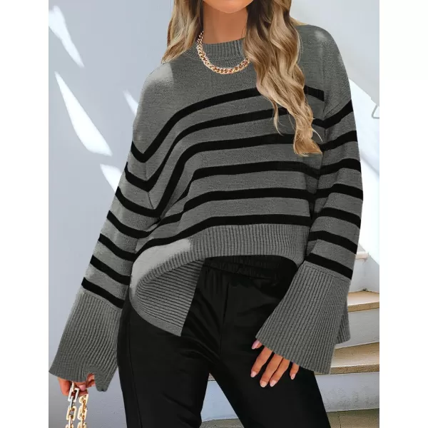 imageZESICA Womens 2023 Fall Winter Striped Long Sleeve Crew Neck Ribbed Knit Side Slit Oversized Pullover Sweater Jumper TopGrey