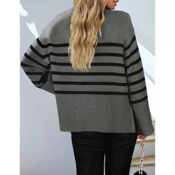 imageZESICA Womens 2023 Fall Winter Striped Long Sleeve Crew Neck Ribbed Knit Side Slit Oversized Pullover Sweater Jumper TopGrey
