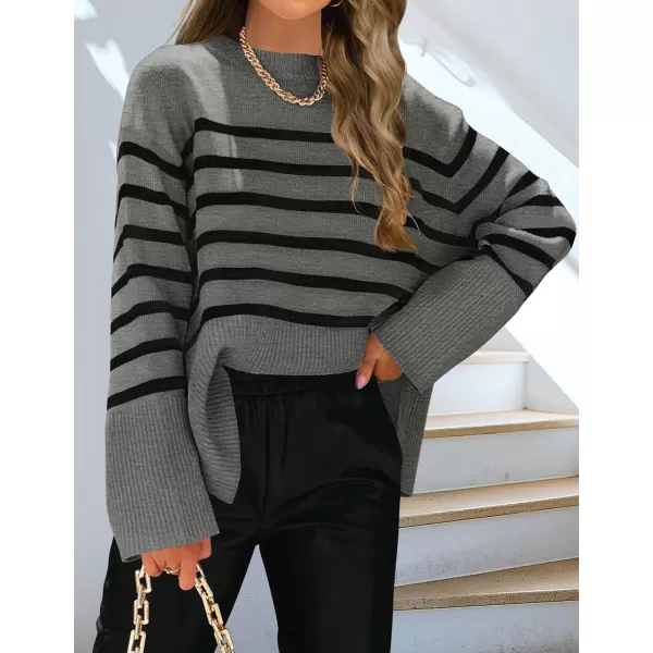 imageZESICA Womens 2023 Fall Winter Striped Long Sleeve Crew Neck Ribbed Knit Side Slit Oversized Pullover Sweater Jumper TopGrey