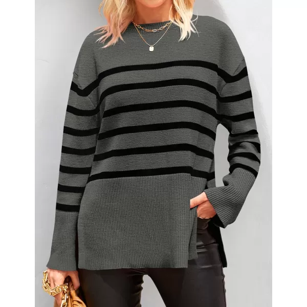 imageZESICA Womens 2023 Fall Winter Striped Long Sleeve Crew Neck Ribbed Knit Side Slit Oversized Pullover Sweater Jumper TopGrey