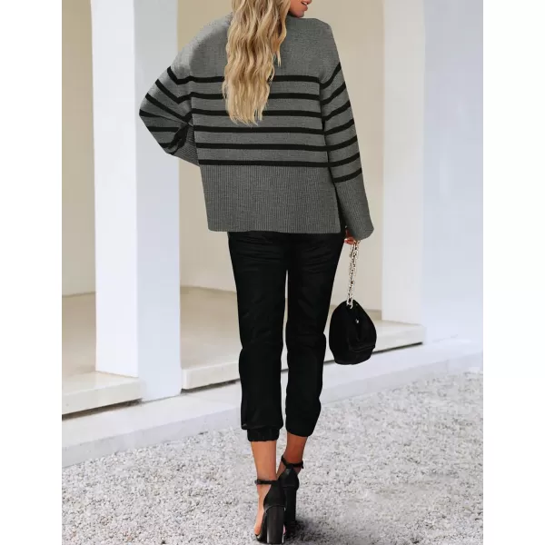 imageZESICA Womens 2023 Fall Winter Striped Long Sleeve Crew Neck Ribbed Knit Side Slit Oversized Pullover Sweater Jumper TopGrey