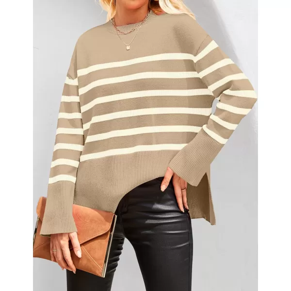 imageZESICA Womens 2023 Fall Winter Striped Long Sleeve Crew Neck Ribbed Knit Side Slit Oversized Pullover Sweater Jumper TopKhaki