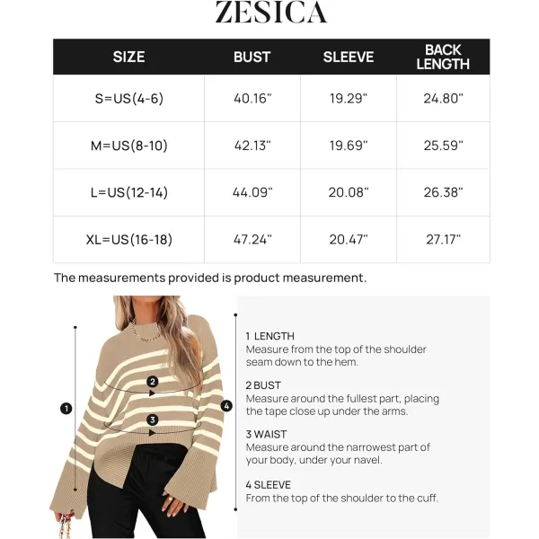 imageZESICA Womens 2023 Fall Winter Striped Long Sleeve Crew Neck Ribbed Knit Side Slit Oversized Pullover Sweater Jumper TopKhaki