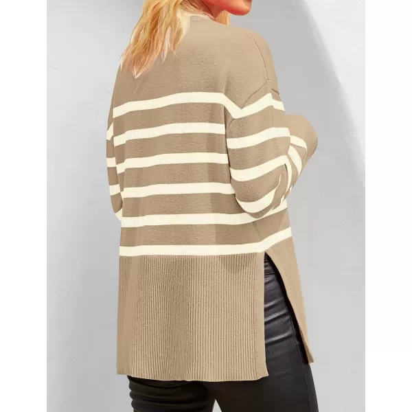 imageZESICA Womens 2023 Fall Winter Striped Long Sleeve Crew Neck Ribbed Knit Side Slit Oversized Pullover Sweater Jumper TopKhaki