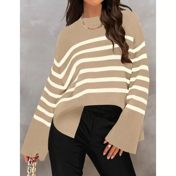 imageZESICA Womens 2023 Fall Winter Striped Long Sleeve Crew Neck Ribbed Knit Side Slit Oversized Pullover Sweater Jumper TopKhaki
