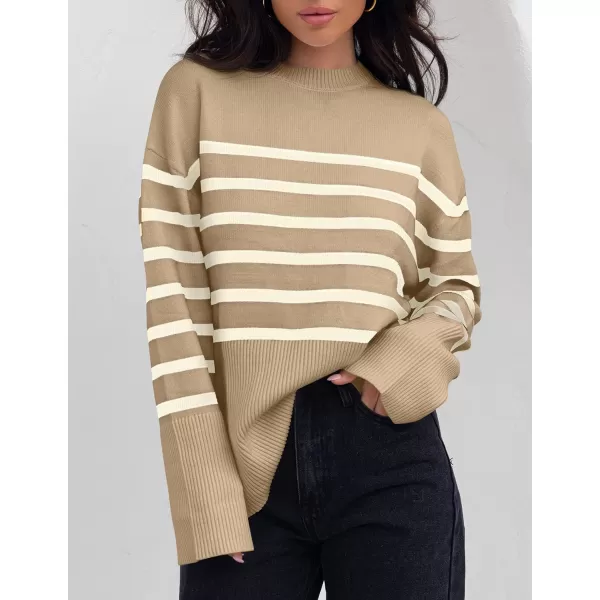 imageZESICA Womens 2023 Fall Winter Striped Long Sleeve Crew Neck Ribbed Knit Side Slit Oversized Pullover Sweater Jumper TopKhaki