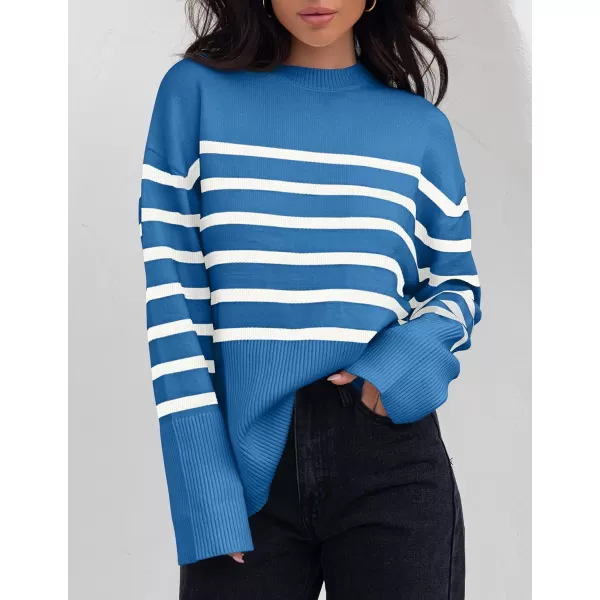 imageZESICA Womens 2023 Fall Winter Striped Long Sleeve Crew Neck Ribbed Knit Side Slit Oversized Pullover Sweater Jumper TopLakeblue