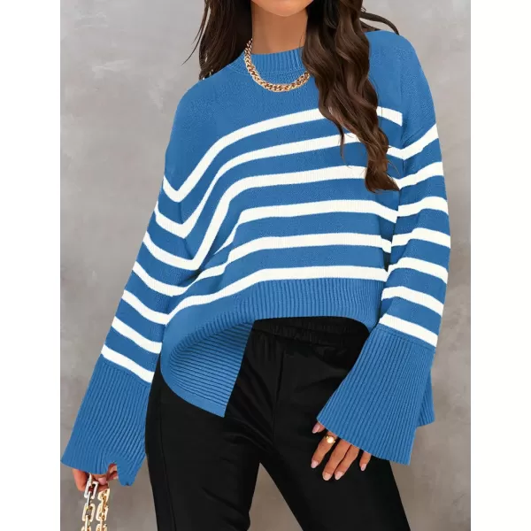 imageZESICA Womens 2023 Fall Winter Striped Long Sleeve Crew Neck Ribbed Knit Side Slit Oversized Pullover Sweater Jumper TopLakeblue