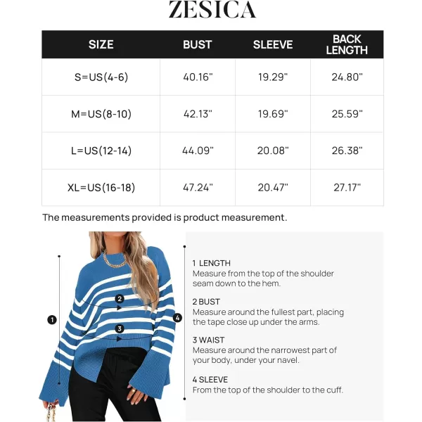 imageZESICA Womens 2023 Fall Winter Striped Long Sleeve Crew Neck Ribbed Knit Side Slit Oversized Pullover Sweater Jumper TopLakeblue