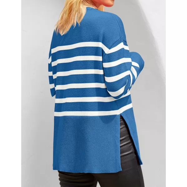 imageZESICA Womens 2023 Fall Winter Striped Long Sleeve Crew Neck Ribbed Knit Side Slit Oversized Pullover Sweater Jumper TopLakeblue