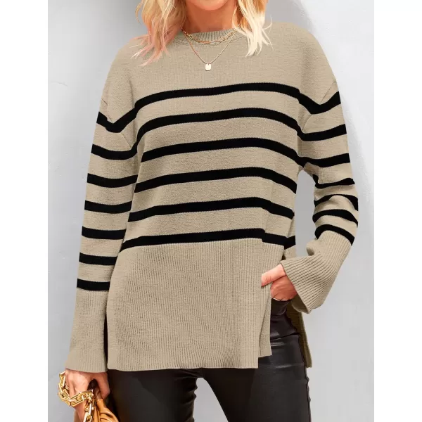 imageZESICA Womens 2023 Fall Winter Striped Long Sleeve Crew Neck Ribbed Knit Side Slit Oversized Pullover Sweater Jumper TopOats