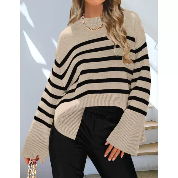 imageZESICA Womens 2023 Fall Winter Striped Long Sleeve Crew Neck Ribbed Knit Side Slit Oversized Pullover Sweater Jumper TopOats