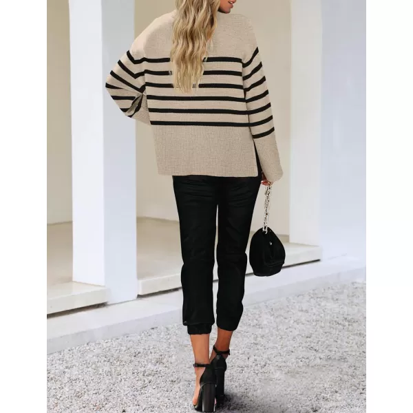 imageZESICA Womens 2023 Fall Winter Striped Long Sleeve Crew Neck Ribbed Knit Side Slit Oversized Pullover Sweater Jumper TopOats