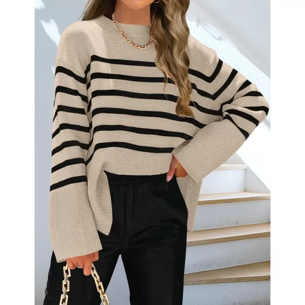 imageZESICA Womens 2023 Fall Winter Striped Long Sleeve Crew Neck Ribbed Knit Side Slit Oversized Pullover Sweater Jumper TopOats