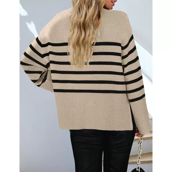 imageZESICA Womens 2023 Fall Winter Striped Long Sleeve Crew Neck Ribbed Knit Side Slit Oversized Pullover Sweater Jumper TopOats