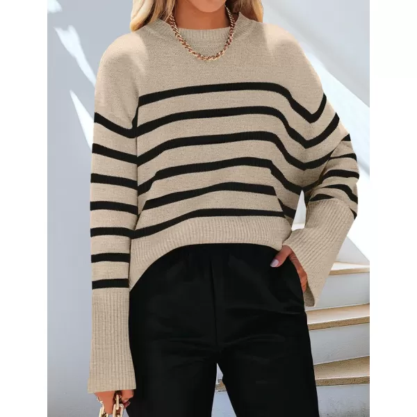 imageZESICA Womens 2023 Fall Winter Striped Long Sleeve Crew Neck Ribbed Knit Side Slit Oversized Pullover Sweater Jumper TopOats