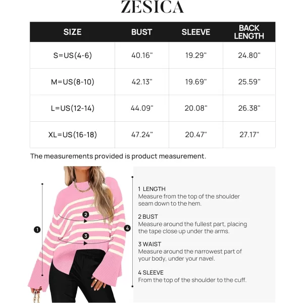 imageZESICA Womens 2023 Fall Winter Striped Long Sleeve Crew Neck Ribbed Knit Side Slit Oversized Pullover Sweater Jumper TopPink