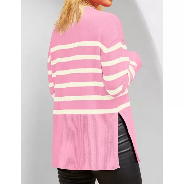 imageZESICA Womens 2023 Fall Winter Striped Long Sleeve Crew Neck Ribbed Knit Side Slit Oversized Pullover Sweater Jumper TopPink