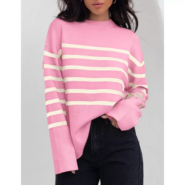 imageZESICA Womens 2023 Fall Winter Striped Long Sleeve Crew Neck Ribbed Knit Side Slit Oversized Pullover Sweater Jumper TopPink