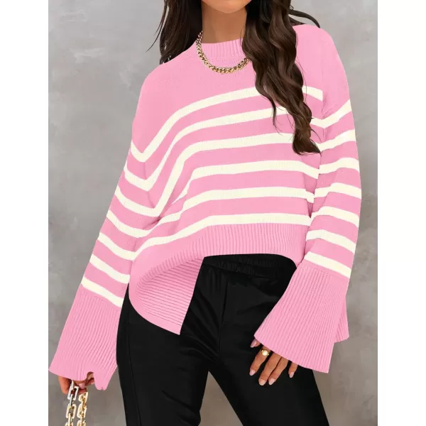imageZESICA Womens 2023 Fall Winter Striped Long Sleeve Crew Neck Ribbed Knit Side Slit Oversized Pullover Sweater Jumper TopPink