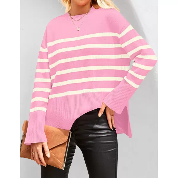 imageZESICA Womens 2023 Fall Winter Striped Long Sleeve Crew Neck Ribbed Knit Side Slit Oversized Pullover Sweater Jumper TopPink
