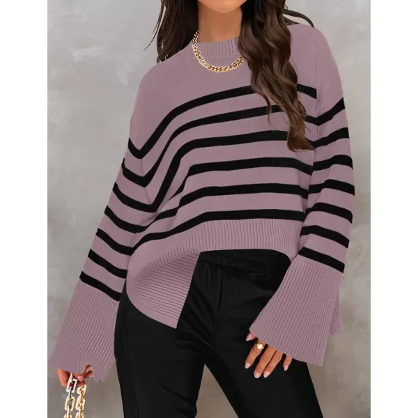 imageZESICA Womens 2023 Fall Winter Striped Long Sleeve Crew Neck Ribbed Knit Side Slit Oversized Pullover Sweater Jumper TopPurple
