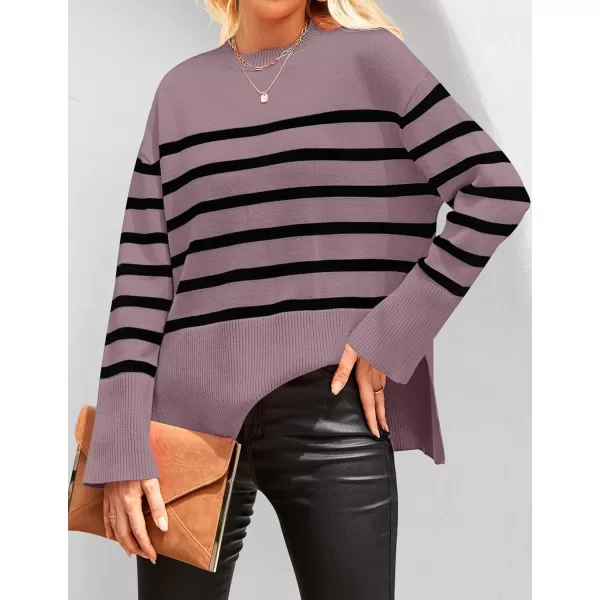 imageZESICA Womens 2023 Fall Winter Striped Long Sleeve Crew Neck Ribbed Knit Side Slit Oversized Pullover Sweater Jumper TopPurple